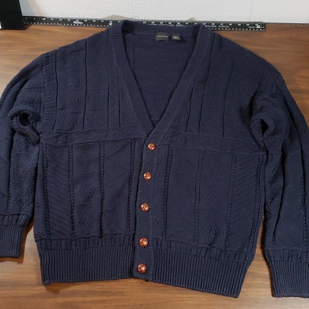 STRUCTURE Navy Blue Button Grandpa Cardigan Knit Textured Sweater‎ Large